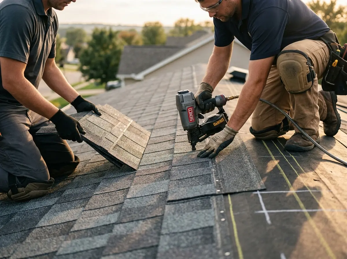 Professional roofer working on a residential roof in Cumberland